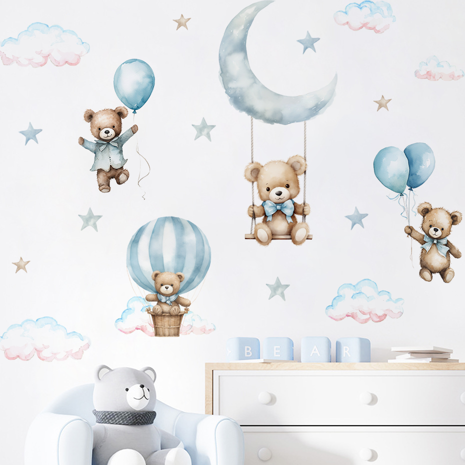 Watercolor Bear Hot Air Balloo - Baby Nursery Boy 评论和价格