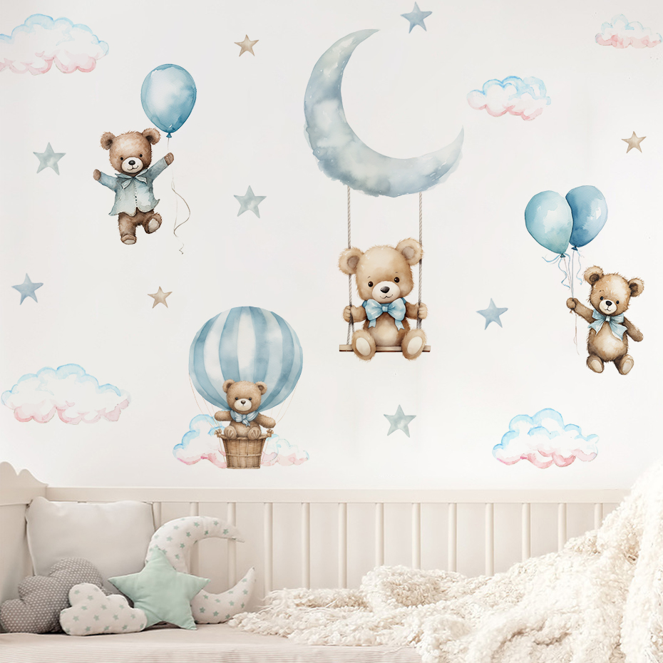 Watercolor Bear Hot Air Balloo - Baby Nursery Boy 评论和价格